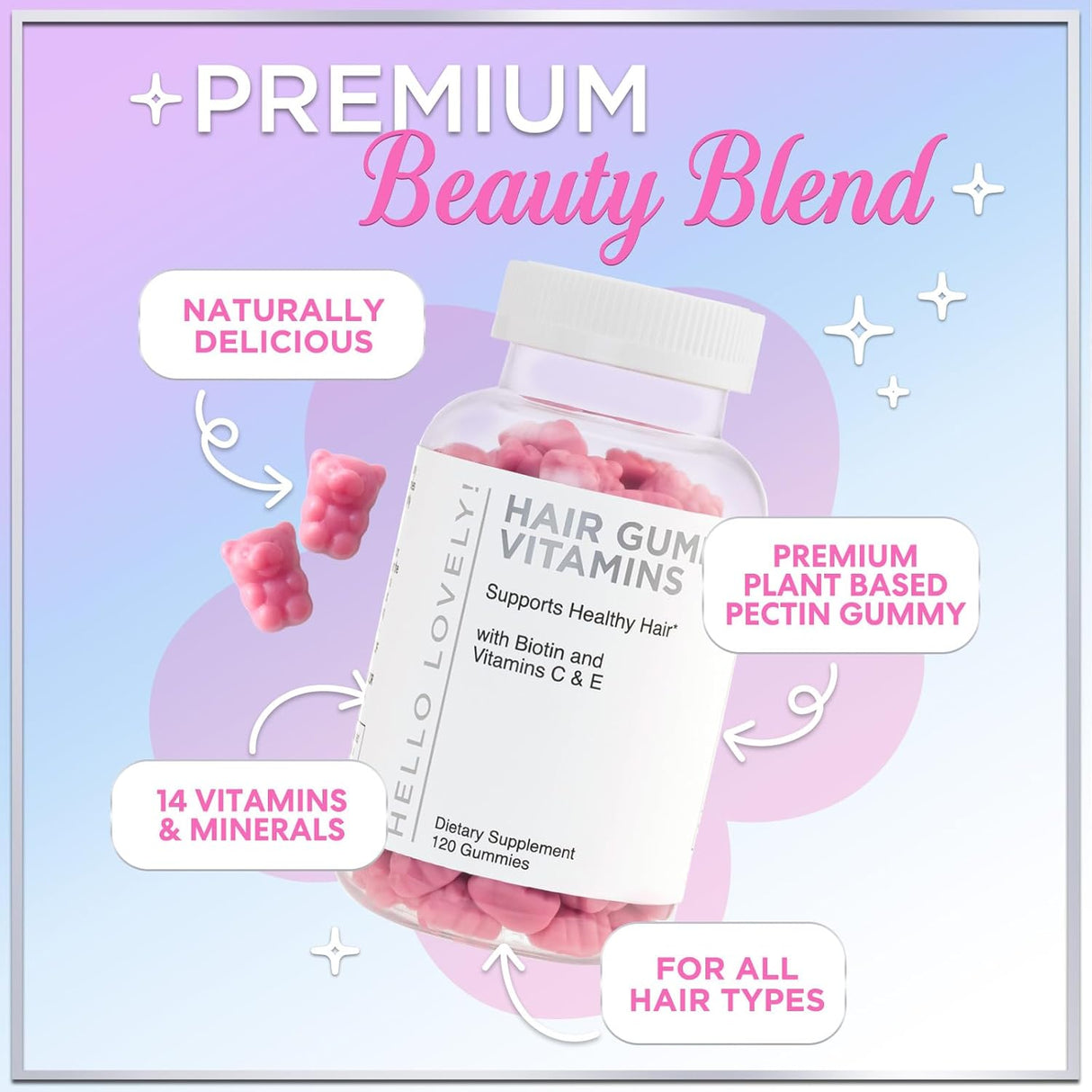 Hello Lovely Hair Vitamins Gummies with Biotin 5000 mcg Vitamin E & C Support Hair Growth, Premium Vegetarian, Non-GMO, for Stronger, Beautiful Hair & Nails, Red Berry Supplement - 120 Count