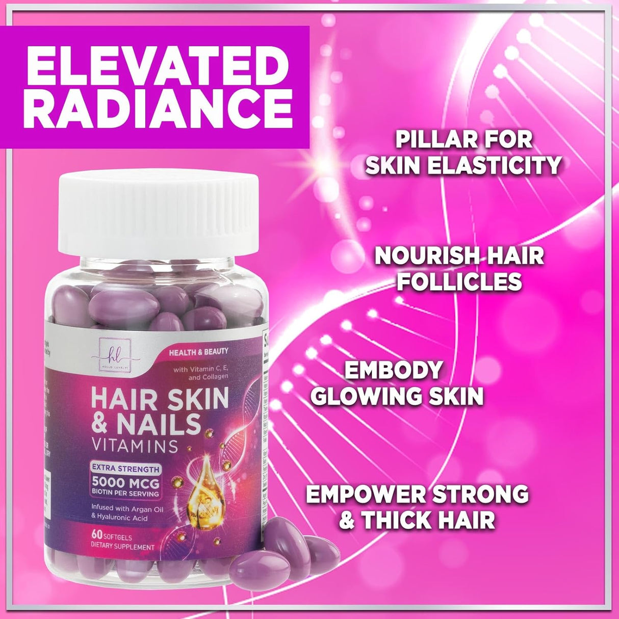 Hair, Skin & Nails Vitamin with Biotin 5000mcg - Hair Vitamins for Women, Keratin & Hair Health, Infused with Argan Oil, Collagen & Hyaluronic Acid, Supports Hair Growth Supplement - 60 Count
