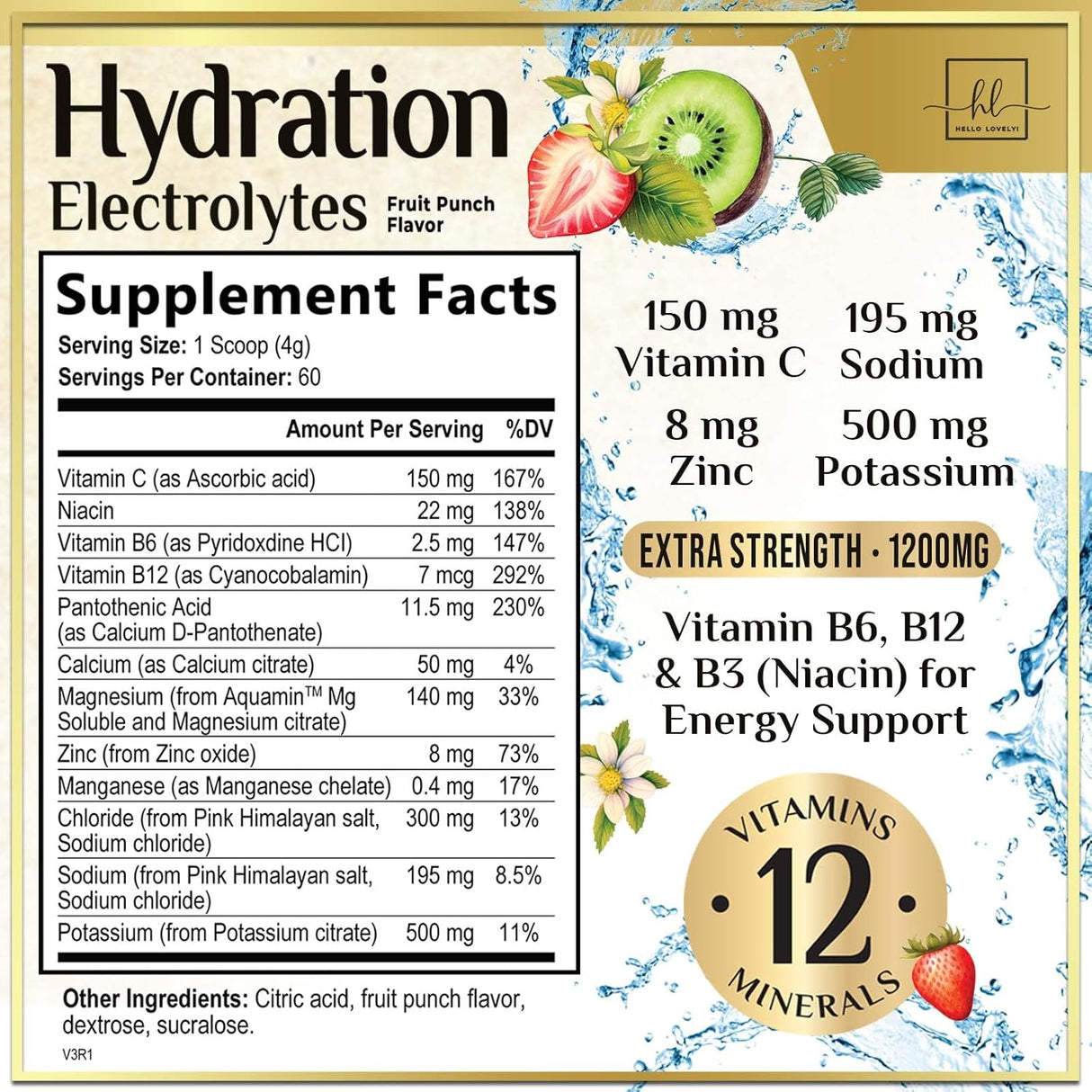 Hello Lovely! Daily Electrolyte Drink Mix - Hydration Powder Drink Supplement, 6 Electrolytes & Minerals, Best Electrolyte Powder, Refreshing Fruit Punch Flavor, Vegan Non-GMO - 60 Servings