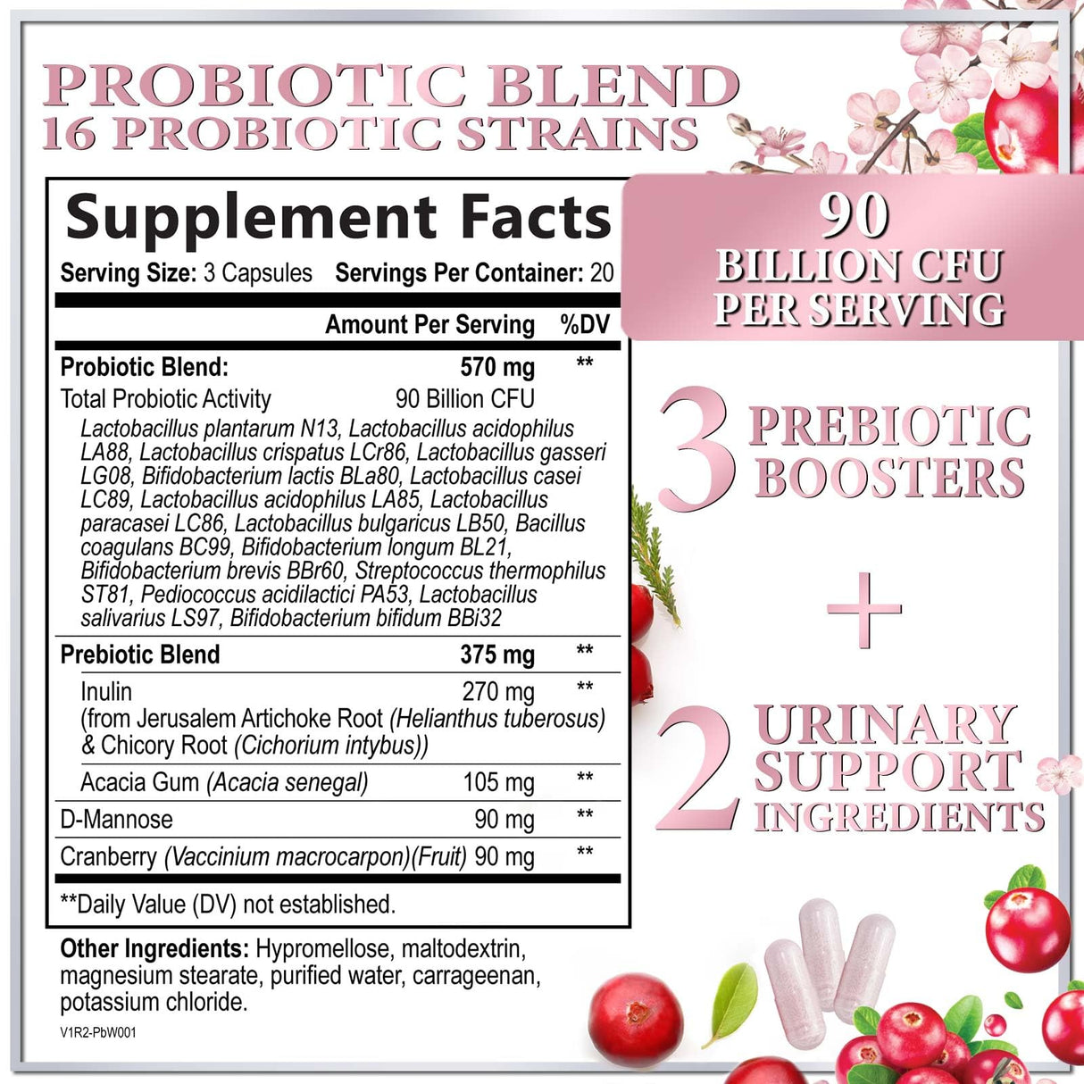 Probiotics for Women Supplement with Cranberry - 16 Premium Strains for PH Balance, Digestive Health, Vaginal & Immune Support, 90 Billion CFU, Women's Probiotic, UT, & Feminine Health - 60 Capsules