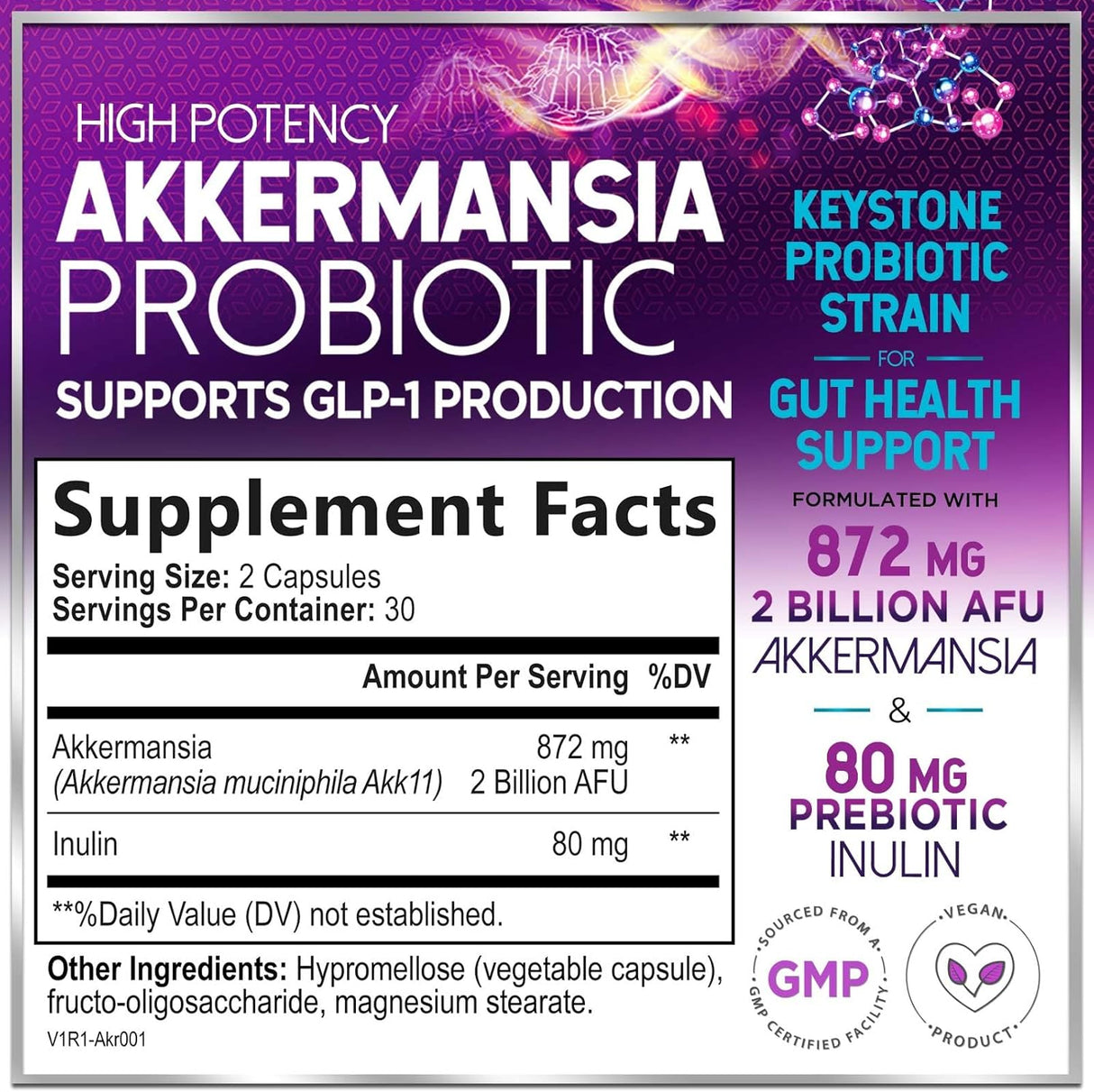 Akkermansia Probiotic Supplement with Prebiotic Inulin Fiber - 2 Billion AFU to Support GLP-1 Production, Digestive Health, Immune Support - Akkermansia Muciniphila Good Gut Health