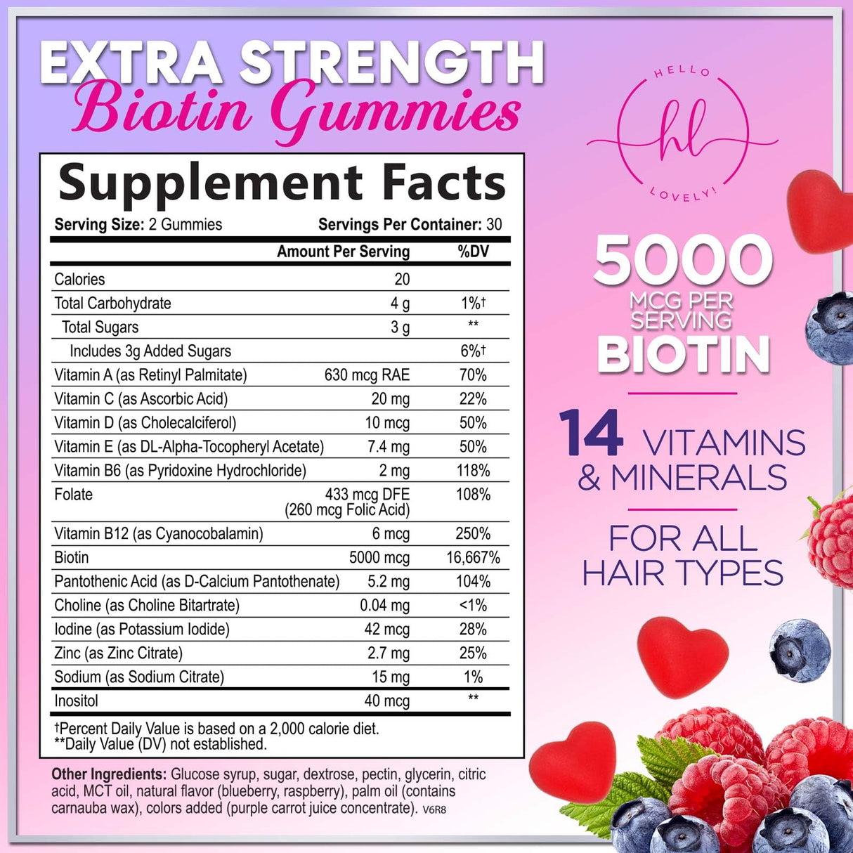 Hair Growth Vitamins Biotin 5000 mcg Supports Women's Thicker Hair, Premium Vegetarian, Non-GMO, Stronger Beautiful Skin & Nails, Lovely Hair Vitamin Supplement - 60 Count