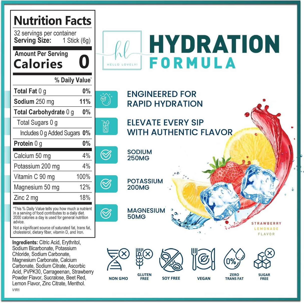 Hydration Electrolytes Powder Packets - Keto & Sugar Free, Liquid Replenisher & Recovery Drink w Real Salt - Feel Revitalized, Non-GMO, Vegan Electrolyte Drink Mix, Strawberry Lemonade - 32 Count
