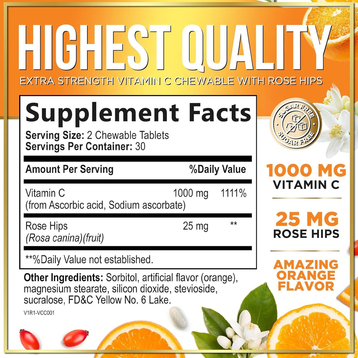 Hello Lovely! Extra Strength Vitamin C 1000 mg, with Rose HIPS Bioflavonoids, Dietary Supplement for Immune Support & Antioxidant Protection, Sugar Free, Non-GMO VIT C Capsules - 60 Count