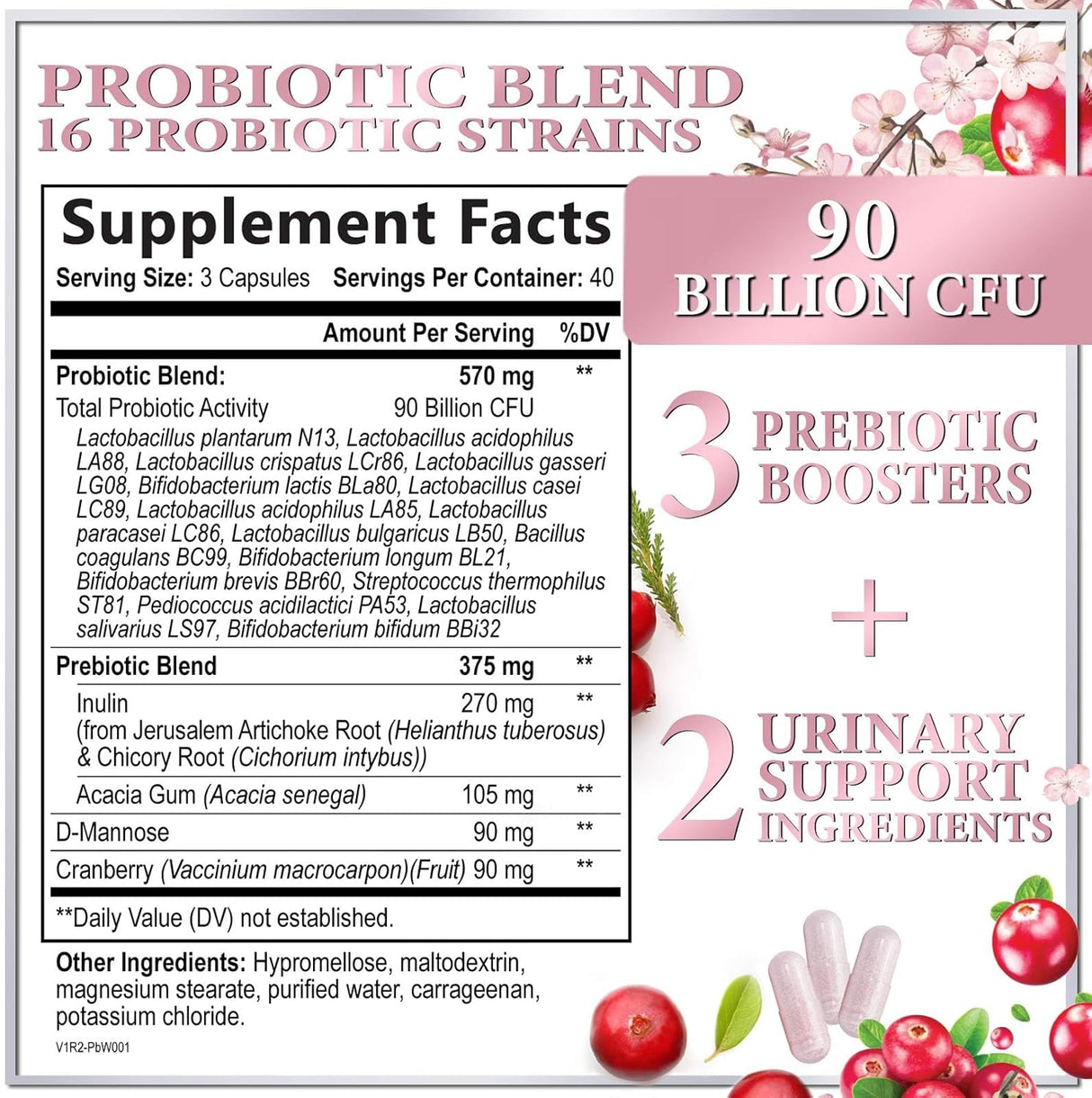 Probiotics for Women with Prebiotics - Womens Probiotic for Digestive, Vaginal, Urinary & Immune Health Support, 90 Billion CFU & 16 Diverse Strains, Cranberry & D-Mannose, Non-GMO