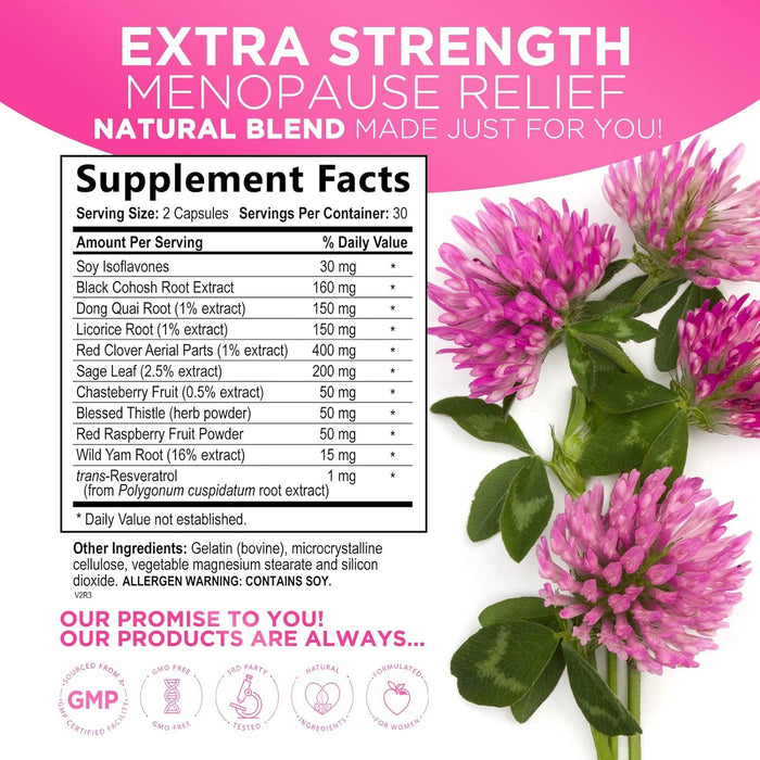Menopause Supplements Extra Strength Hot Flash Support 1256 mg - Menopause Support for Women - Made in USA - Natural Black Cohosh, Dong Quai and Soy Isoflavones