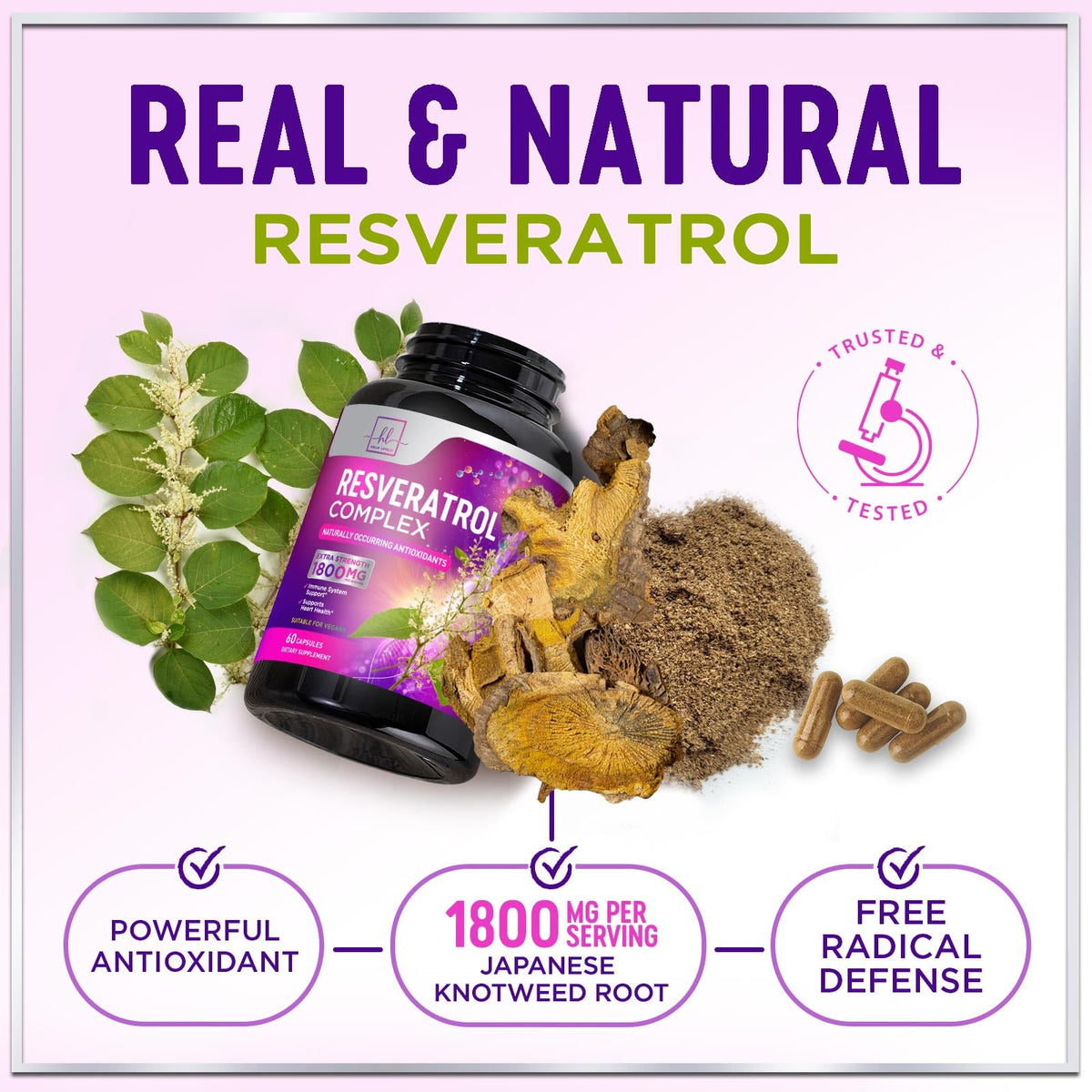 Resveratrol Supplement 1800mg - Trans-Resveratrol Antioxidant Complex - 60 Vegan Capsules