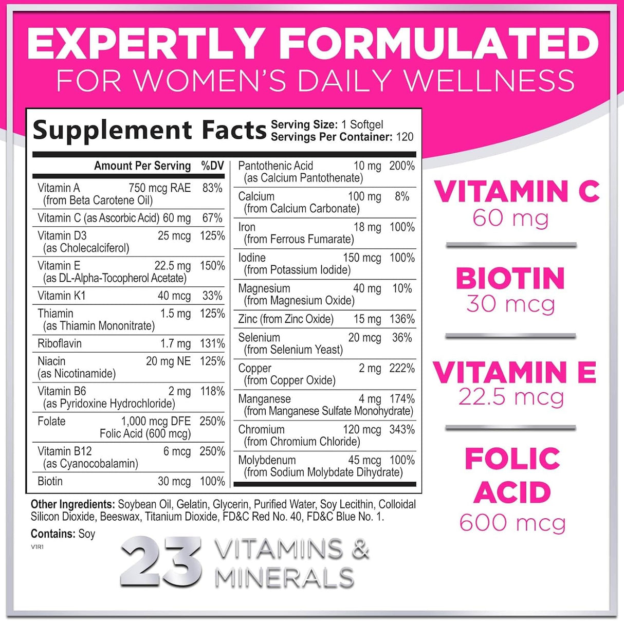 Womens Complete Multivitamin - Once Daily Women's Multi with Vitamin A, B6, B12, C, D, Biotin, Folate, Iron & Zinc, Energy & Immune Health Support, Gluten-Free Multivitamin for Women