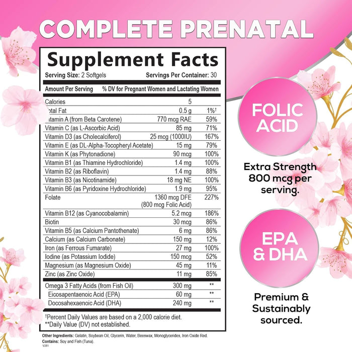 Prenatal Multivitamin with Folic Acid & DHA, Prenatal Vitamin Supplement, Folate, Omega 3, Vitamins D3, B6, B12 & Iron, Women's Pregnancy Support Prenatal Vitamins, Non-GMO Gluten Free
