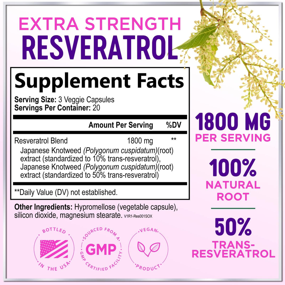 Resveratrol Supplement 1800mg - Trans-Resveratrol Antioxidant Complex - 60 Vegan Capsules
