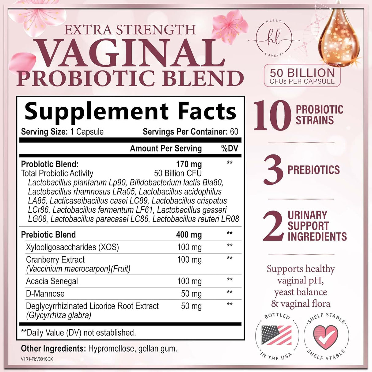Vaginal Probiotic for Women - Vaginal PH Flora Feminine Health Balance Support - 50 Billion CFU Per Capsule, 10 Unique Strains - Womens Probiotics Supplement with Cranberry & D Mannose - 60 Count