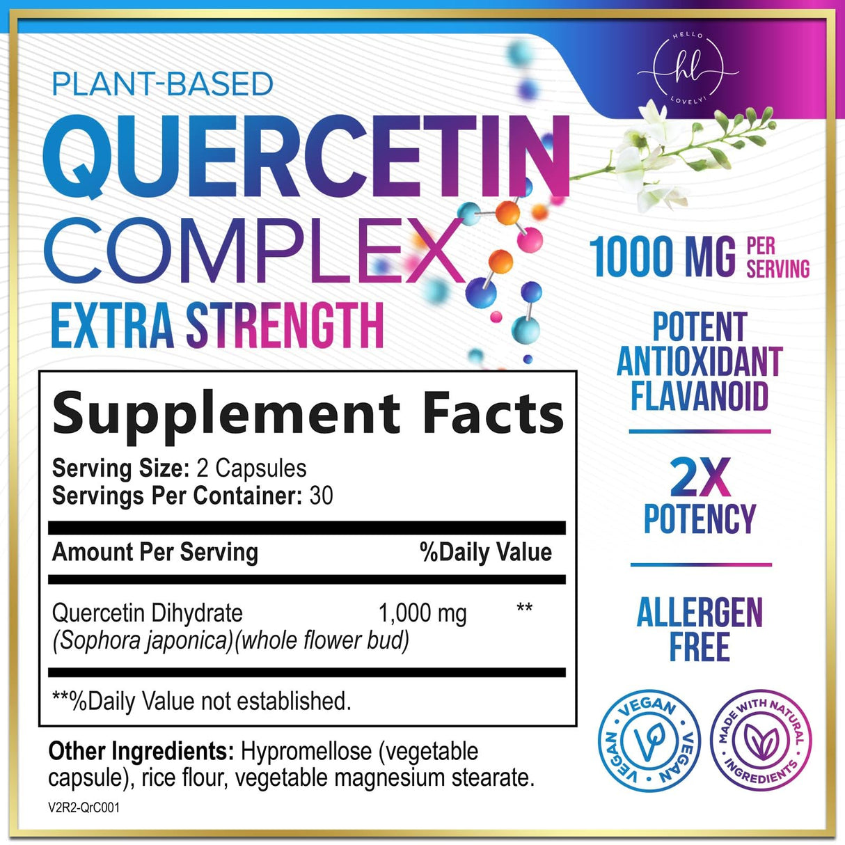Quercetin 1000mg Servings - Extra Strength Antioxidant Support for Immune & Cellular Health, Quercetin 500mg Capsules for Lung, Respiratory & Heart Support, Vegan, Gluten Free & Non-GMO - 60 Capsules