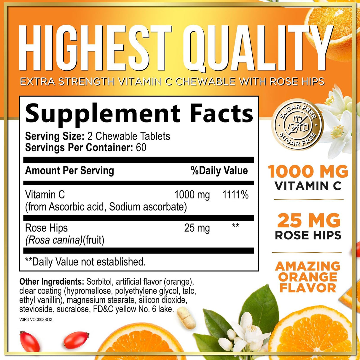 Vitamin C Supplement 1000mg - Extra Strength with Rose Hips Bioflavonoids - Sugar Free Vitamin C Chewable Pills, Nature's Vit C for Immune Support & Antioxidant Protection - 120 Chewable Tablets