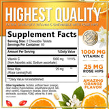 Vitamin C Supplement 1000mg - Extra Strength with Rose Hips Bioflavonoids - Sugar Free Vitamin C Chewable Pills, Nature's Vit C for Immune Support & Antioxidant Protection - 120 Chewable Tablets
