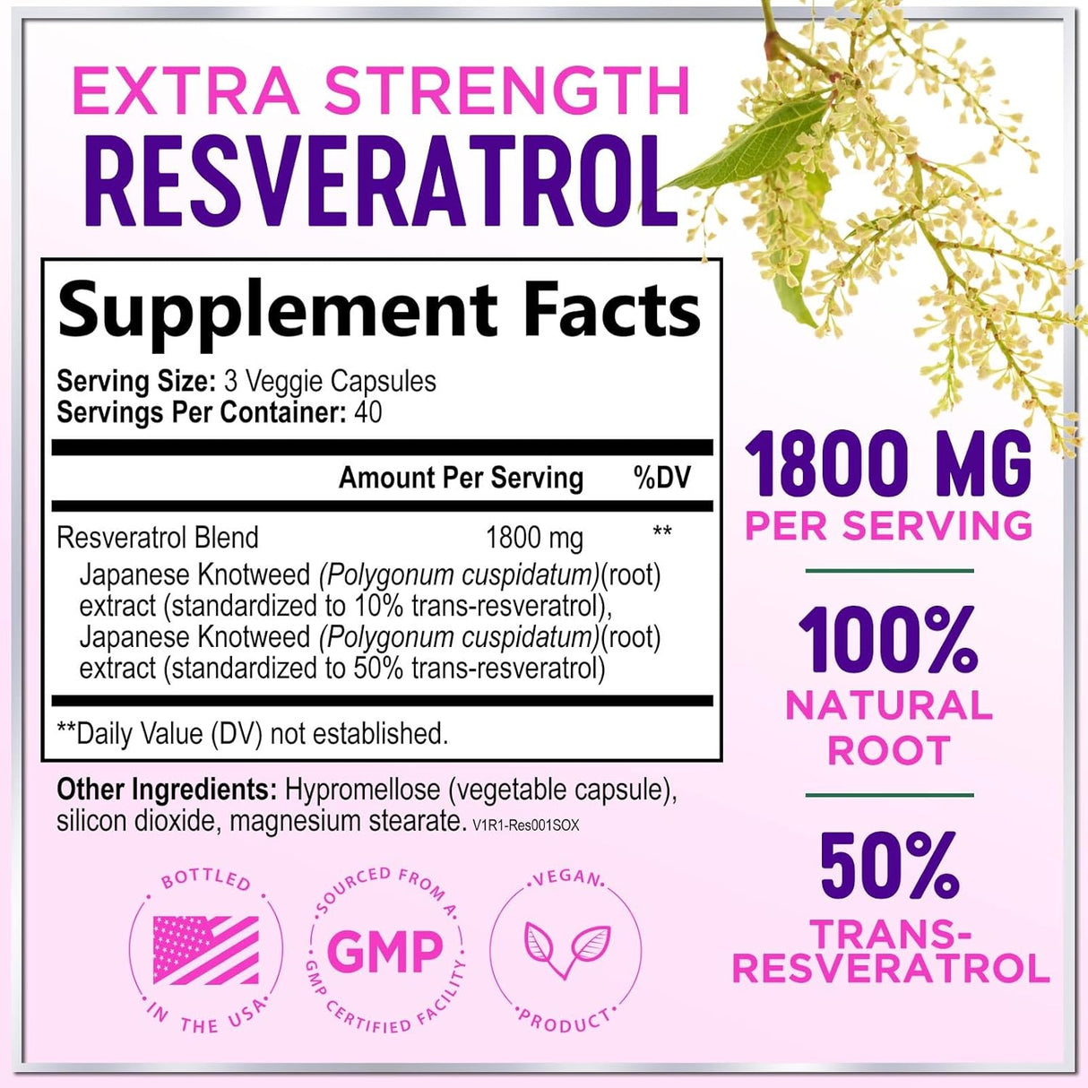 Resveratrol Supplement 1800mg - Extra Strength Antioxidant Complex for Healthy Aging & Immune Support, Heart Health & Cellular Energy Support, Bioavailable Trans-Resveratrol - 120 Vegan Capsules