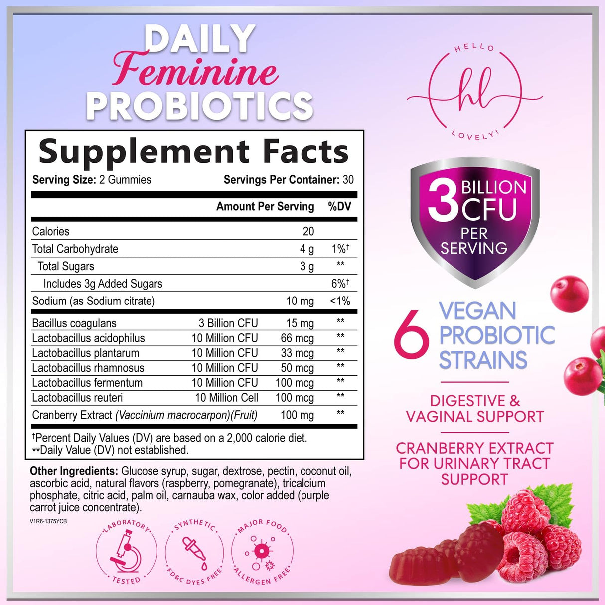 Womens Probiotic CFU Guaranteed with Cranberry, Vegan Strains, Probiotics for Women Supports Digestive, Immune, & Vaginal Health, Lovely Shelf Stable Gummy Supplement, No Soy Gluten - 60 Count