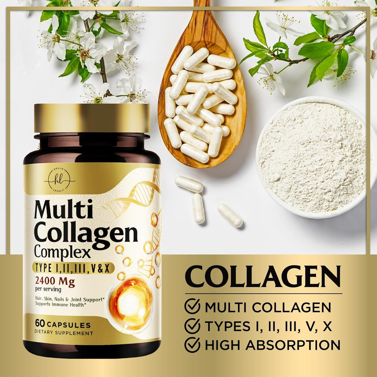 Collagen Peptides for Women & Men - Type I, II, III, V, X Multi Collagen, Hydrolyzed Collagen Supplement Supports Hair, Nail, Skin, Bone and Joint Health with Vital Nutrients & Proteins - 60 Count