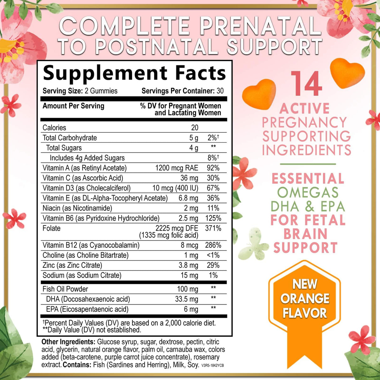 Prenatal Multivitamin Gummy w/ Folic Acid + DHA, Prenatal Vitamins with Omega 3, Vitamins B6, B12, C, D3 & Folate for Pregnancy Support, Prenatal Gummies for Women, Non-GMO Gluten Free - 60 Count