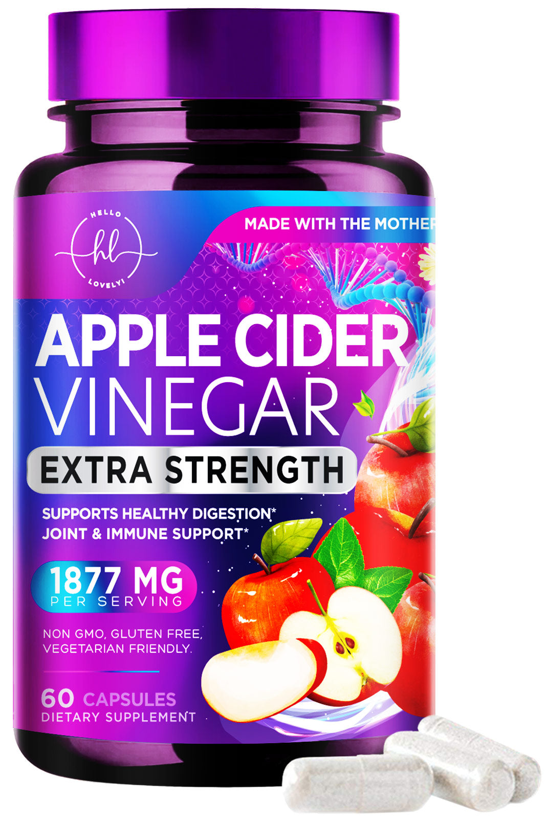 Apple Cider Vinegar Capsules - ACV Supplements with Vitamin D3 & Zinc for Detox & Cleanse, Gluten Free & Non-GMO, Vegetarian ACV Pills for Digestion, Energy & Immune Support