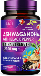 Ashwagandha 2,100 mg Extra Strength - Pure Ashwagandha Powder Antioxidant Support with Black Pepper plus Root Extract Vegan Adaptogen Formula Supplements for Energy and Immune Support