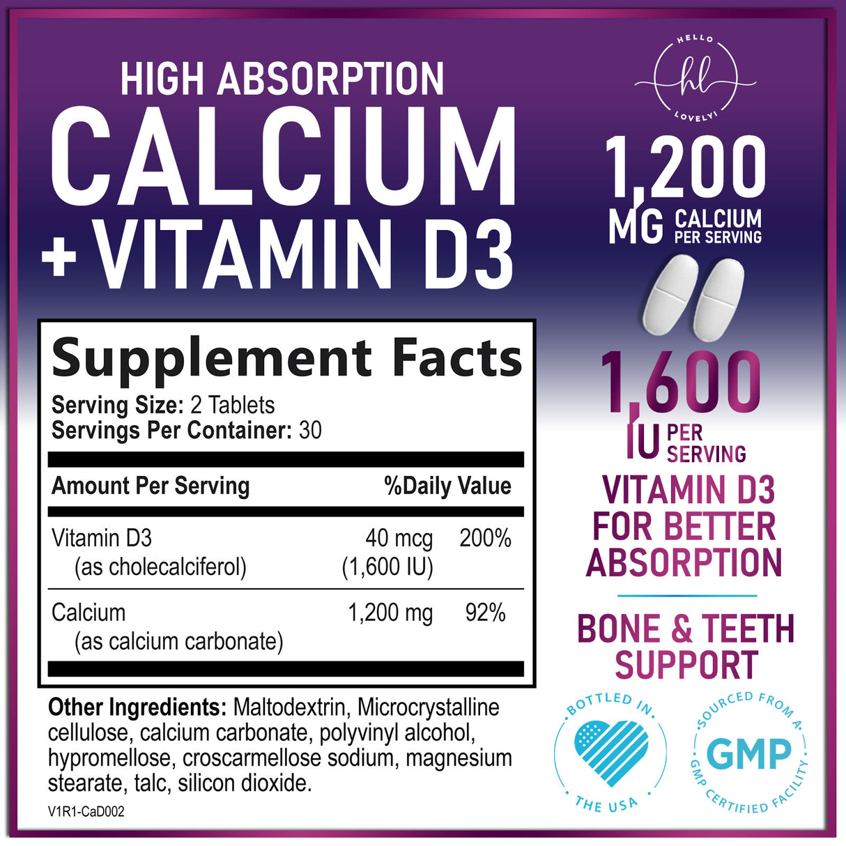 Calcium Supplements for Women 1200 mg Plus 1600 IU Vitamin D3, Bone Health, Teeth & Immune Support - Mineral Supplement with Vitamin D High Absorbable Premium 600 mg Calcium Carbonate - 60 Count
