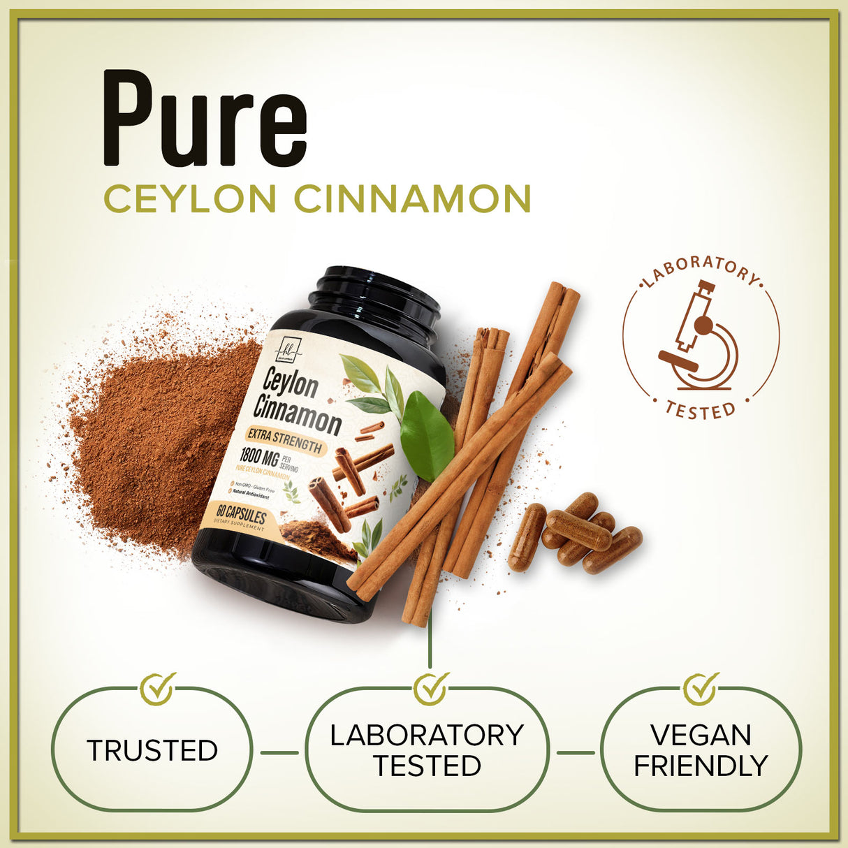 Ceylon Cinnamon Capsules Supplement 1800mg - Certified Organic Ceylon Cinnamon Powder Pills - Energy & Heart Support for Women & Men, Bottled in USA, Antioxidant, Gluten Free, Non-GMO - 60 Capsules