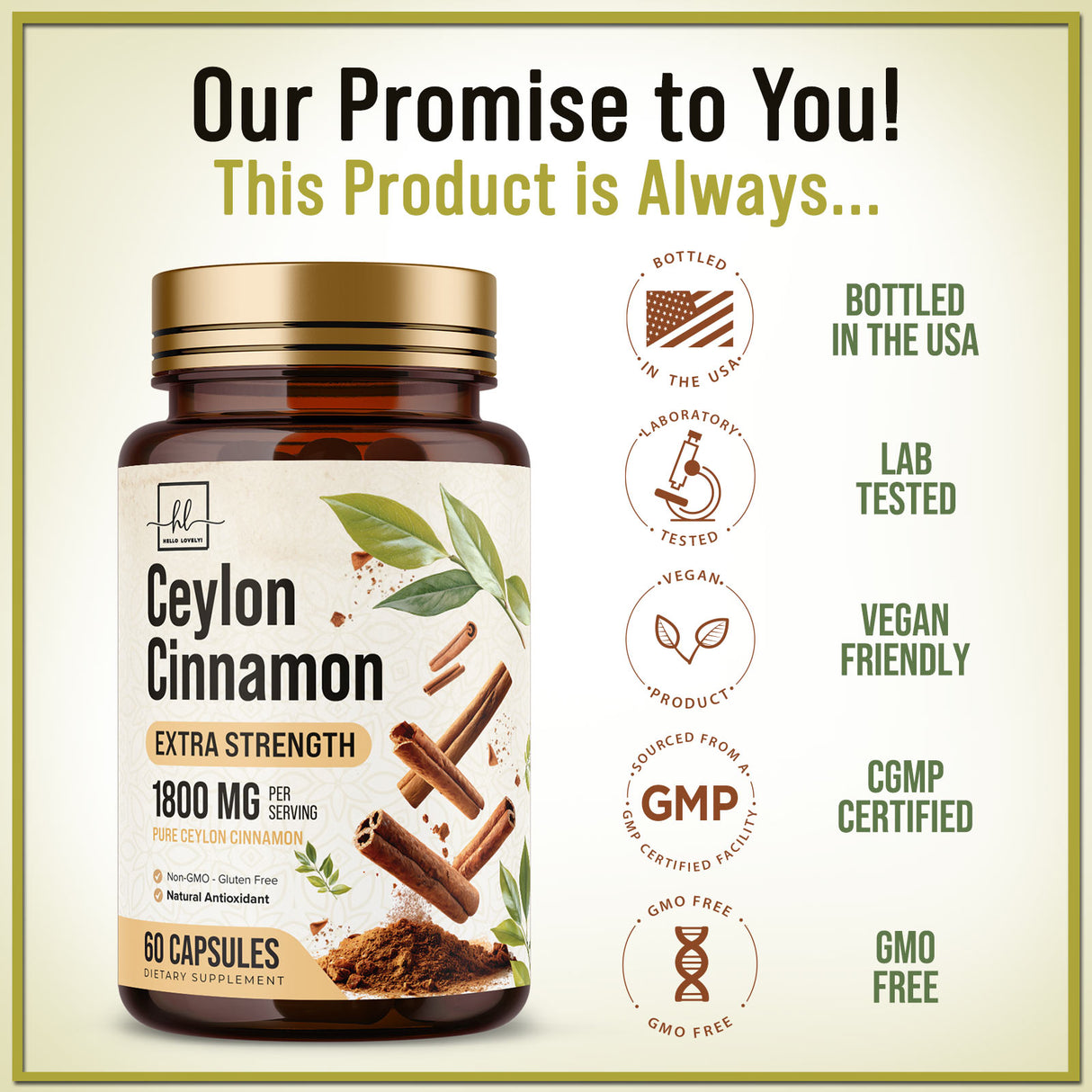 Ceylon Cinnamon Capsules Supplement 1800mg - Certified Organic Ceylon Cinnamon Powder Pills - Energy & Heart Support for Women & Men, Bottled in USA, Antioxidant, Gluten Free, Non-GMO - 60 Capsules