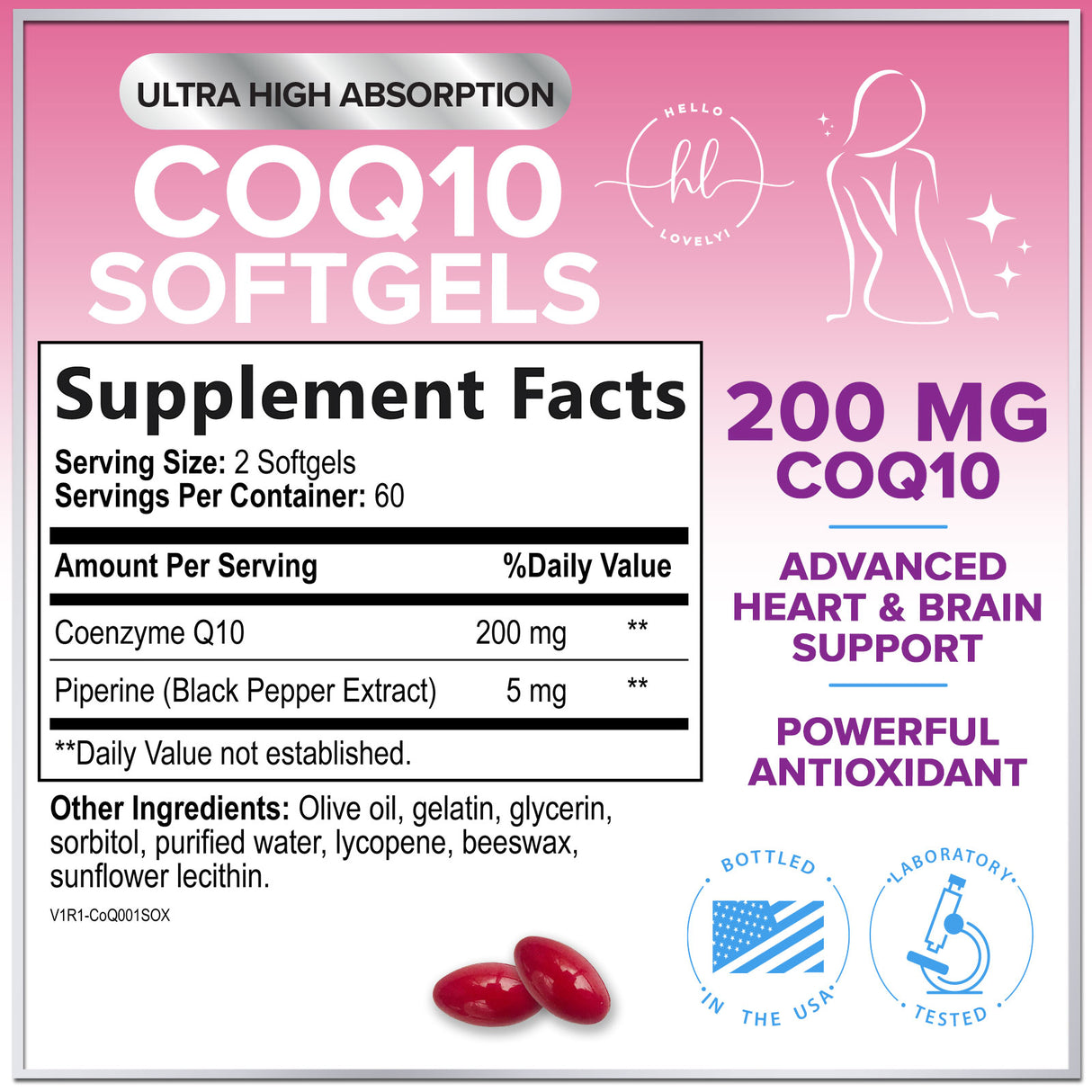 CoQ10 200mg Softgels - Ultra High Absorption, Antioxidant for Heart Health & Energy Production Support - Coenzyme Q10 Co Q 10 Vitamins and Supplements 100mg Each - Non GMO & Gluten Free - 120 Count