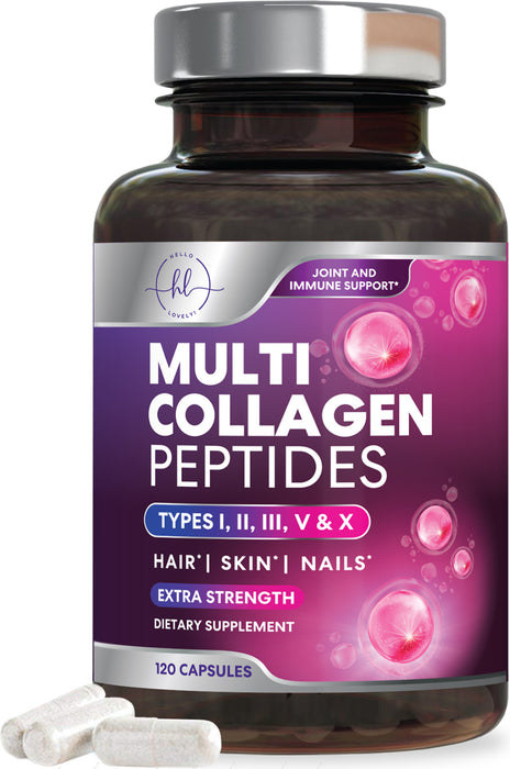 Multi Collagen Peptides - Extra Strength Collagen Supplement, Supports Healthy Skin, Hair, Nails & Joints, Hydrolyzed Collagen Complex Type I, II, III, V & X - Grass Fed, Non GMO