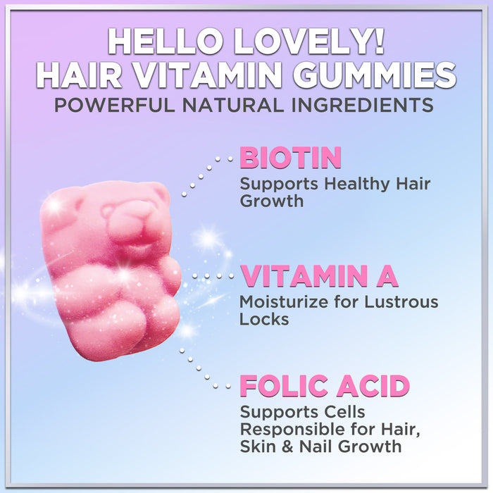 Hello Lovely Hair Vitamins Gummies with Biotin 5000 mcg Vitamin E & C Support Hair Growth, Premium Vegetarian, Non-GMO, for Stronger, Beautiful Hair & Nails, Red Berry Supplement