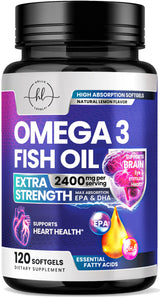 Omega 3 Fish Oil Triple Strength 2400 mg Rapid Release Softgels, Omega-3 Supplements, Natural Brain Heart Joint Health & Immune Support - Fatty Acids with EPA & DHA - Fish Oil Supplement