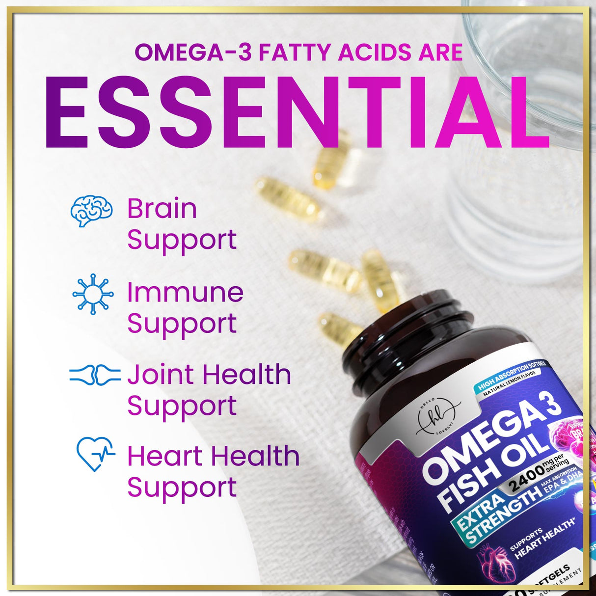 Omega 3 Fish Oil Triple Strength 2400 mg Rapid Release Softgels, Omega-3 Supplements, Natural Brain Heart Joint Health & Immune Support - Fatty Acids with EPA & DHA - Fish Oil Supplement