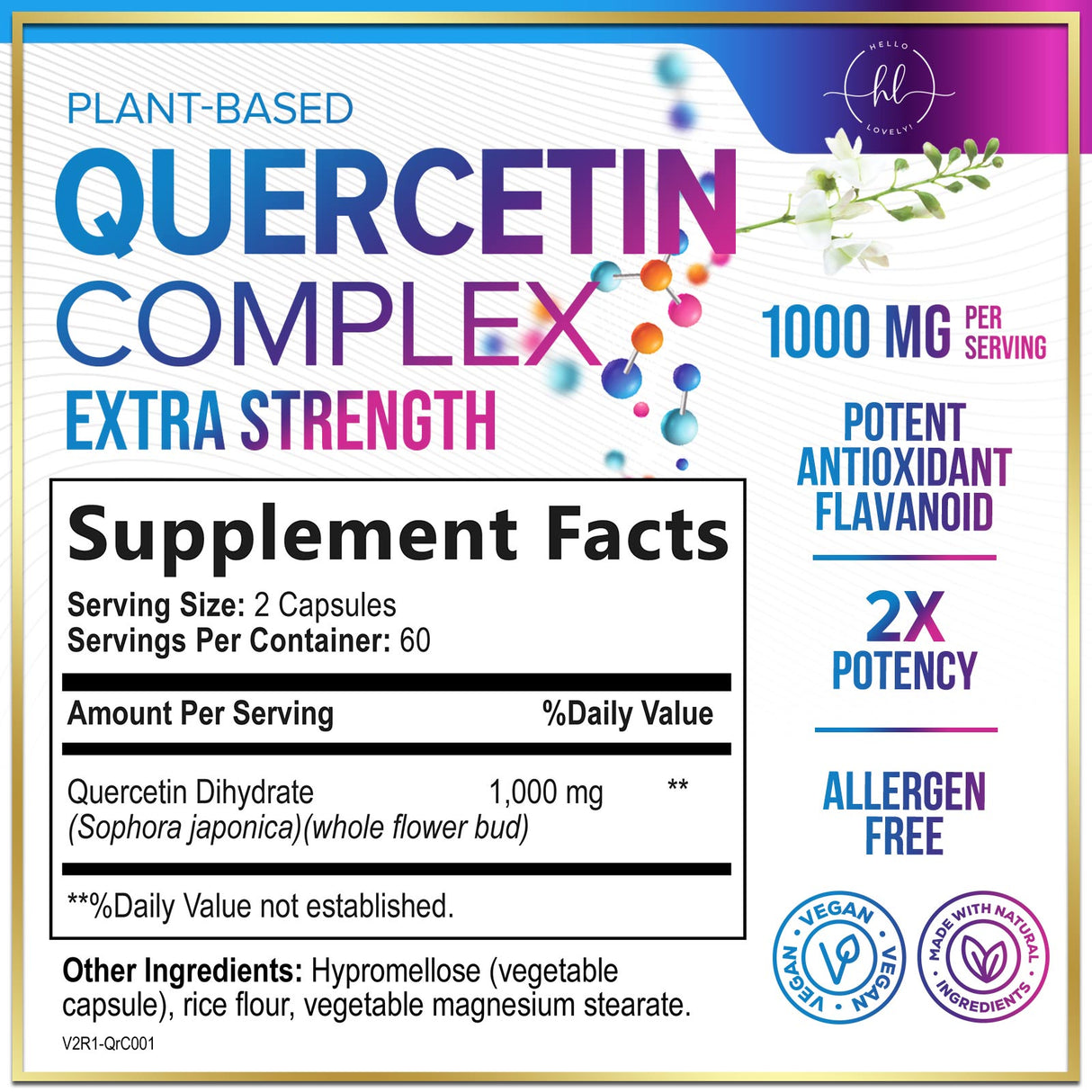 Quercetin Supplement - 500 mg Quercetin Capsules for Heart Health & Immune Support, Extra Strength Quercetin 1000mg Serving, Antioxidant & Respiratory Health, Gluten Free, Non-GMO - 120 Count